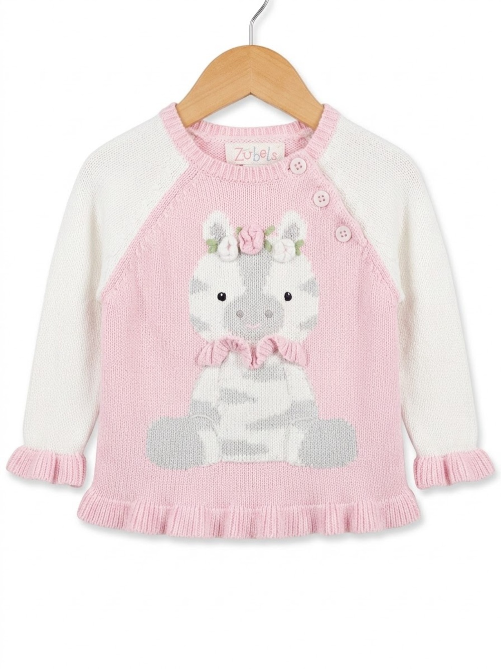 Zubels Baby Girl Zebra Knit Sweater • Pink Scalloped Ruffle Trim 9-12M